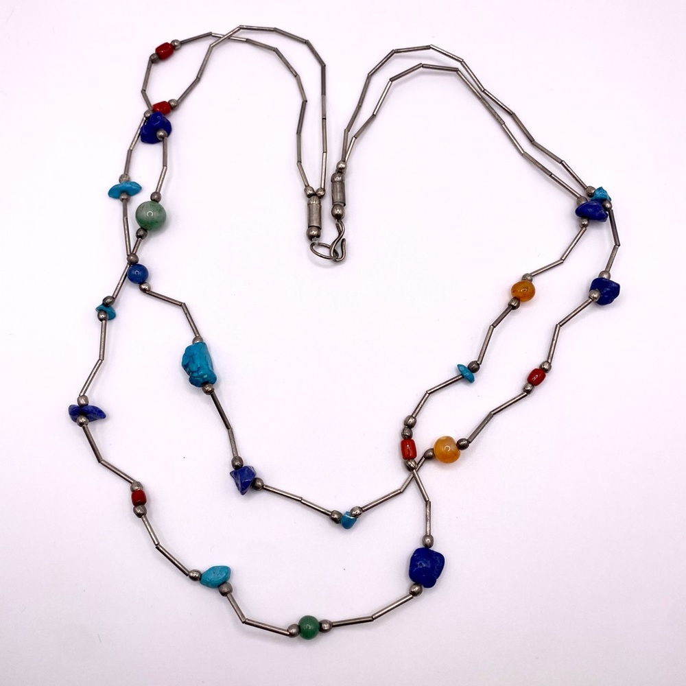 Vintage Double Strand Liquid Sterling Silver Multi Gemstone Necklace - Picture 2 of 8